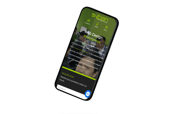 A modern smartphone displays a mobile-friendly website for Sytian Productions, featuring green accents, a web design headline, and an inquiry form.