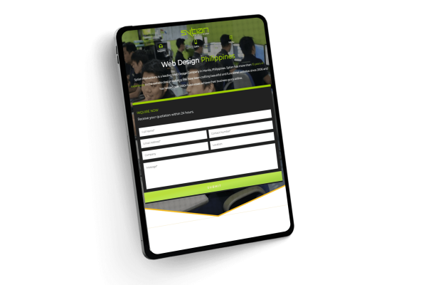 A digital tablet angled to the left, displaying a Sytian Productions webpage with an inquiry form against a green and white background.
